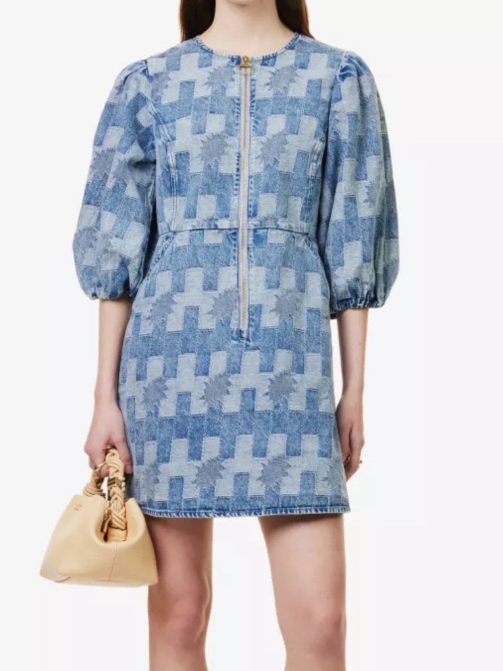 Barbour Bowhill Puff-Sleeve Mini Dress with Front Zip